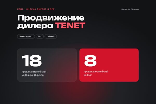 Яндекс Директ и SEO для автодилера TENET: 18 продаж из рекламы и 8 из органического поиска