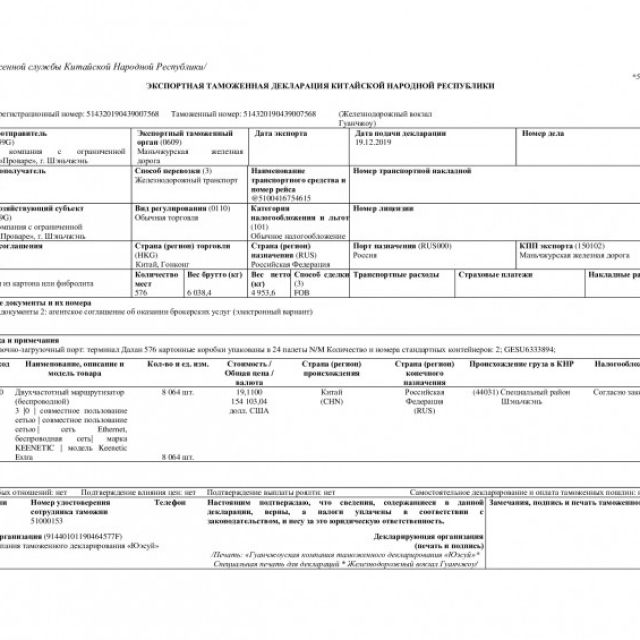 Экспортная декларация номер