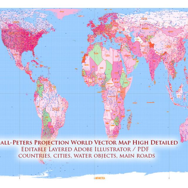 World Map Gall-Peters projection, layered vector