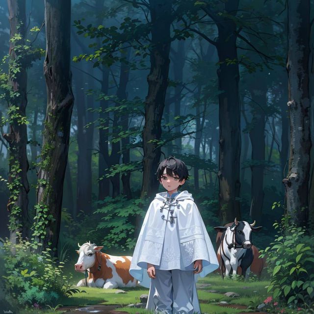 The boy in the cow forest 