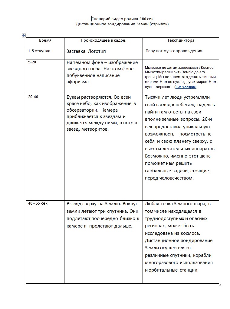 Сценарный план анимационной программы