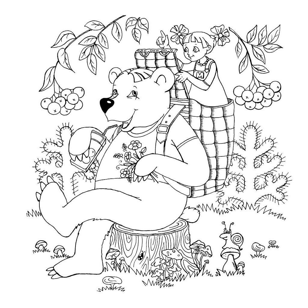 Раскраска по сказке Маша и медведь