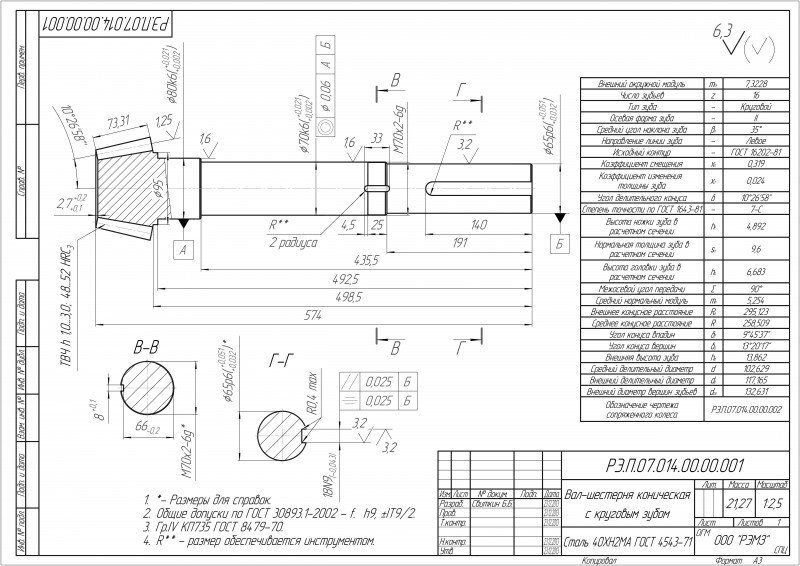 Рабочий чертеж вал шестерня