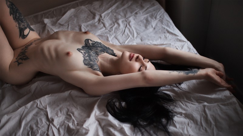Women Nude Tattoo Boobs Nipples Pillow Lying Newbienudes 1