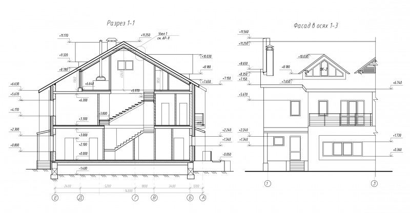 Фасад в разрезе чертеж