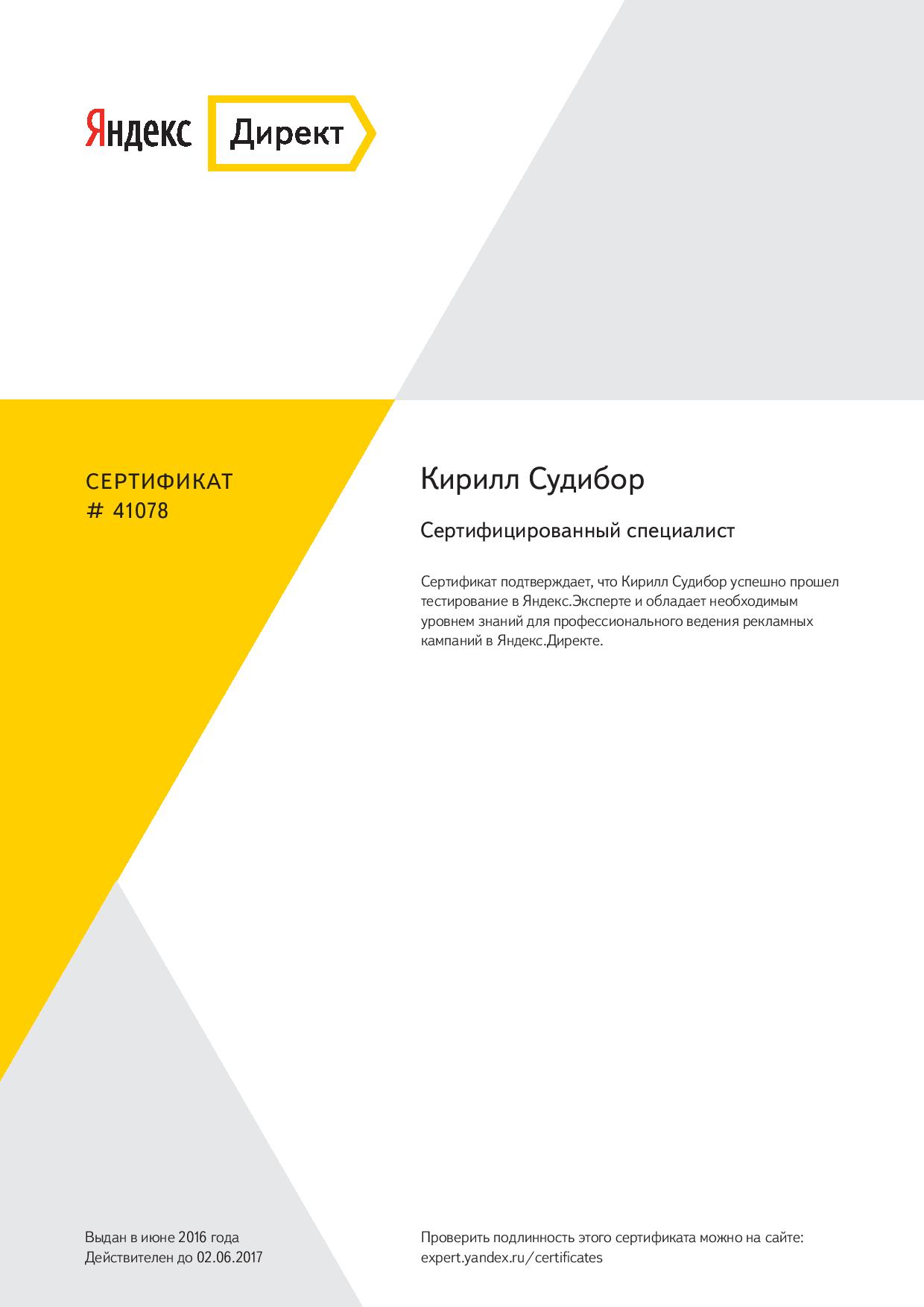 Сертификат Яндекс.Директа 2016 г.