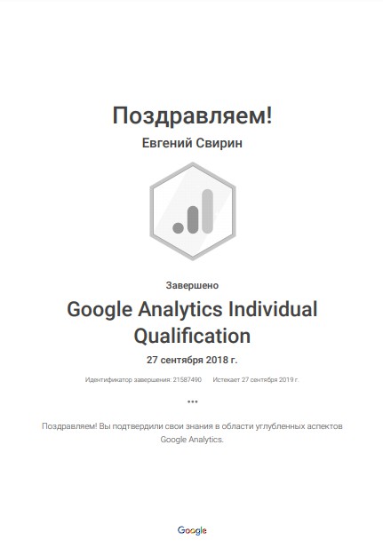 Google Analytics Individual Qualification 2018-2019гг. 