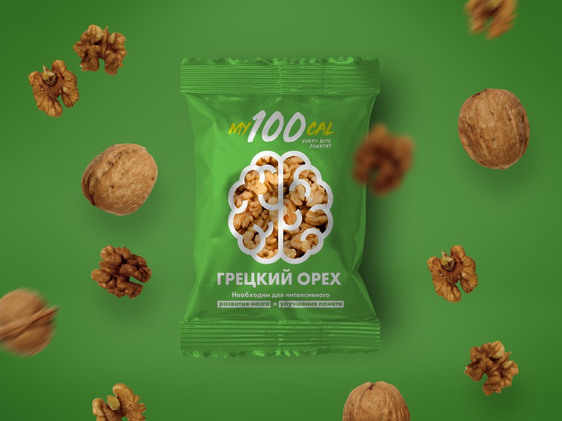 Создание логотипа и упаковки для орехов  "My100cal"