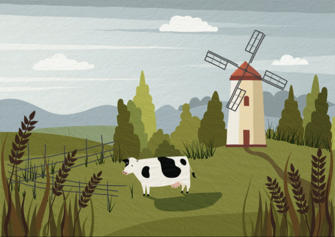 ANIMATION OF A COW WITH A WINDMILL