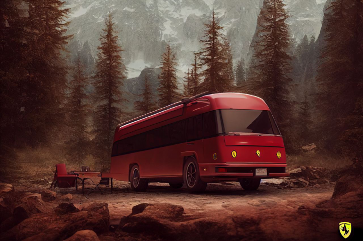 [AI GENERATED] camping bus in the beautiful mountains