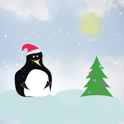 Иллюстрация пингвин и елка.
