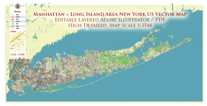 New York City: Manhattan + Long Island NY US PDF Vector Map