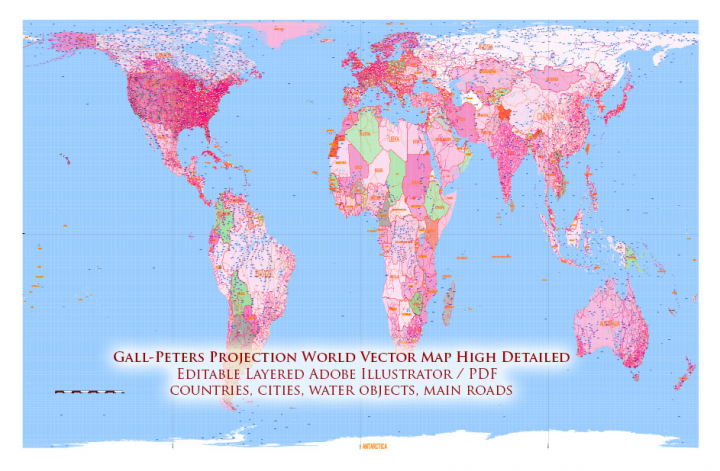 World Map Gall-Peters projection, layered vector